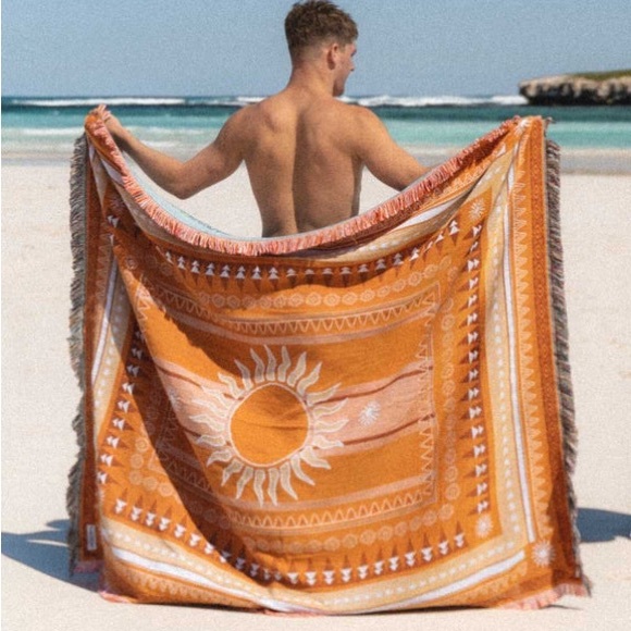 Sunset Orange/Blue Afghan Rug - Picture 5 of 8